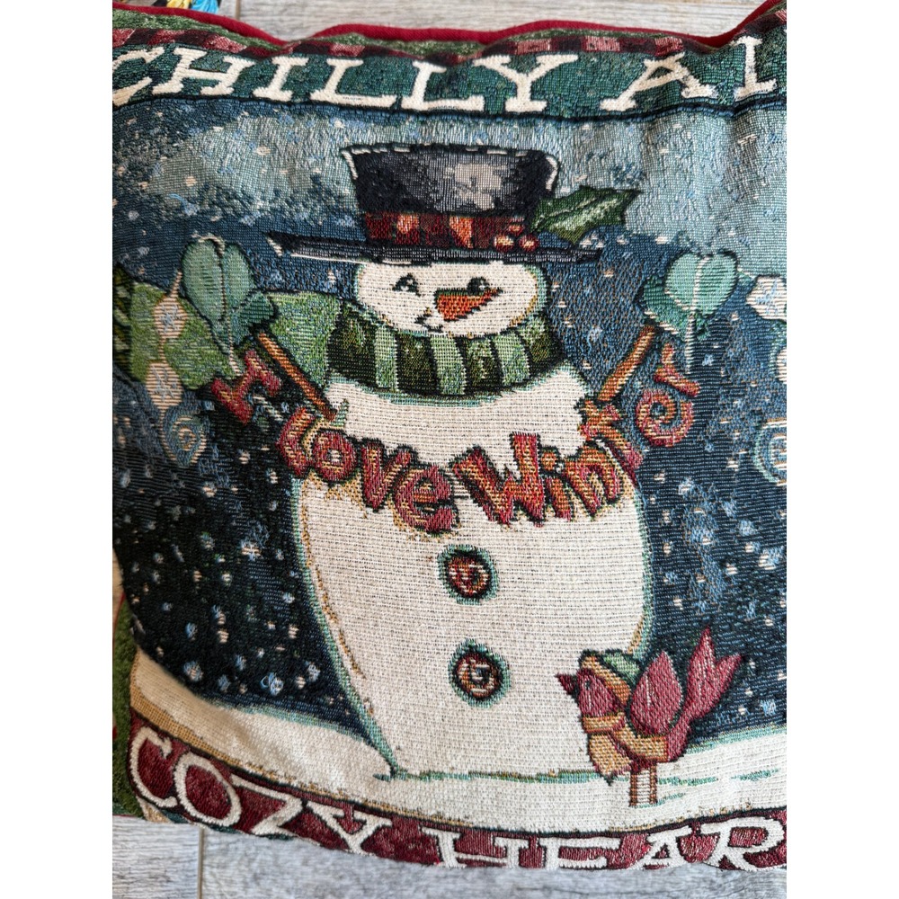 Christmas Snowman Tapestry Pillow Needlepoint Chilly Air Cozy Hearts Newport